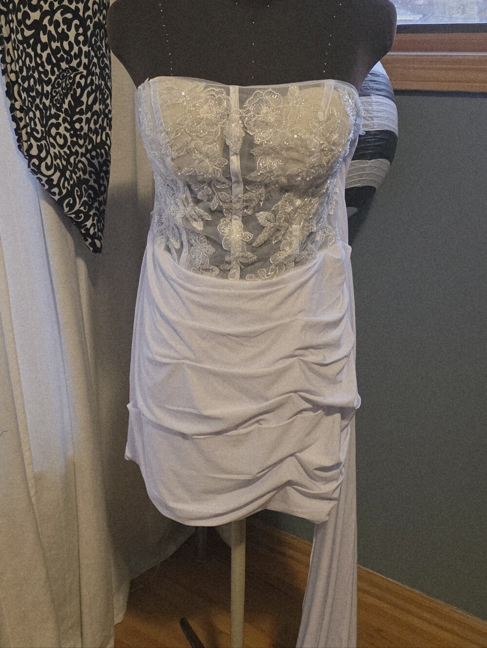 Strapless Lace Bodice Draped Mini Dress - White